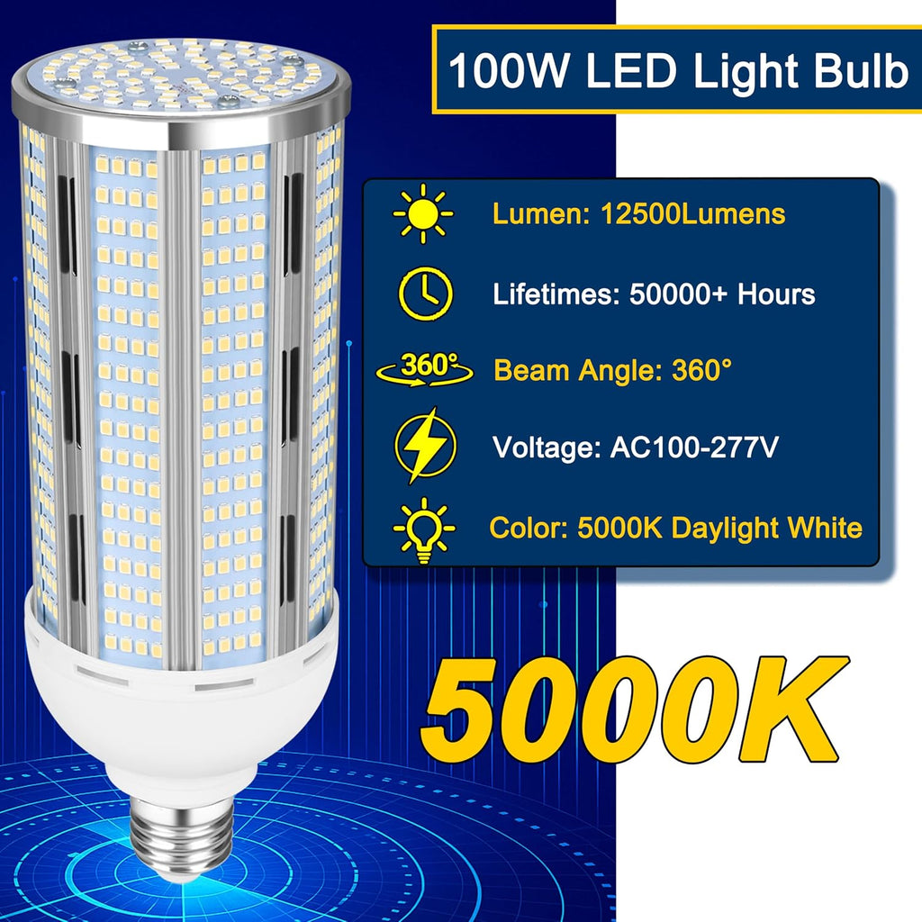 4Pack 100W LED Corn Bulb, 12500LM Super Bright 5000K Daylight White, E26/E39 Large Mogul Base, 400W Metal Halide MH