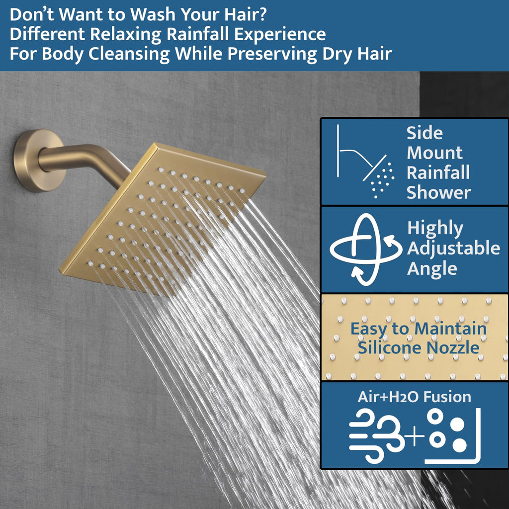 Thermostatic Shower System Brushed Gold, Push Button Diverter Shower Faucet with 2 in 1 Handheld, Ceiling Mount 12