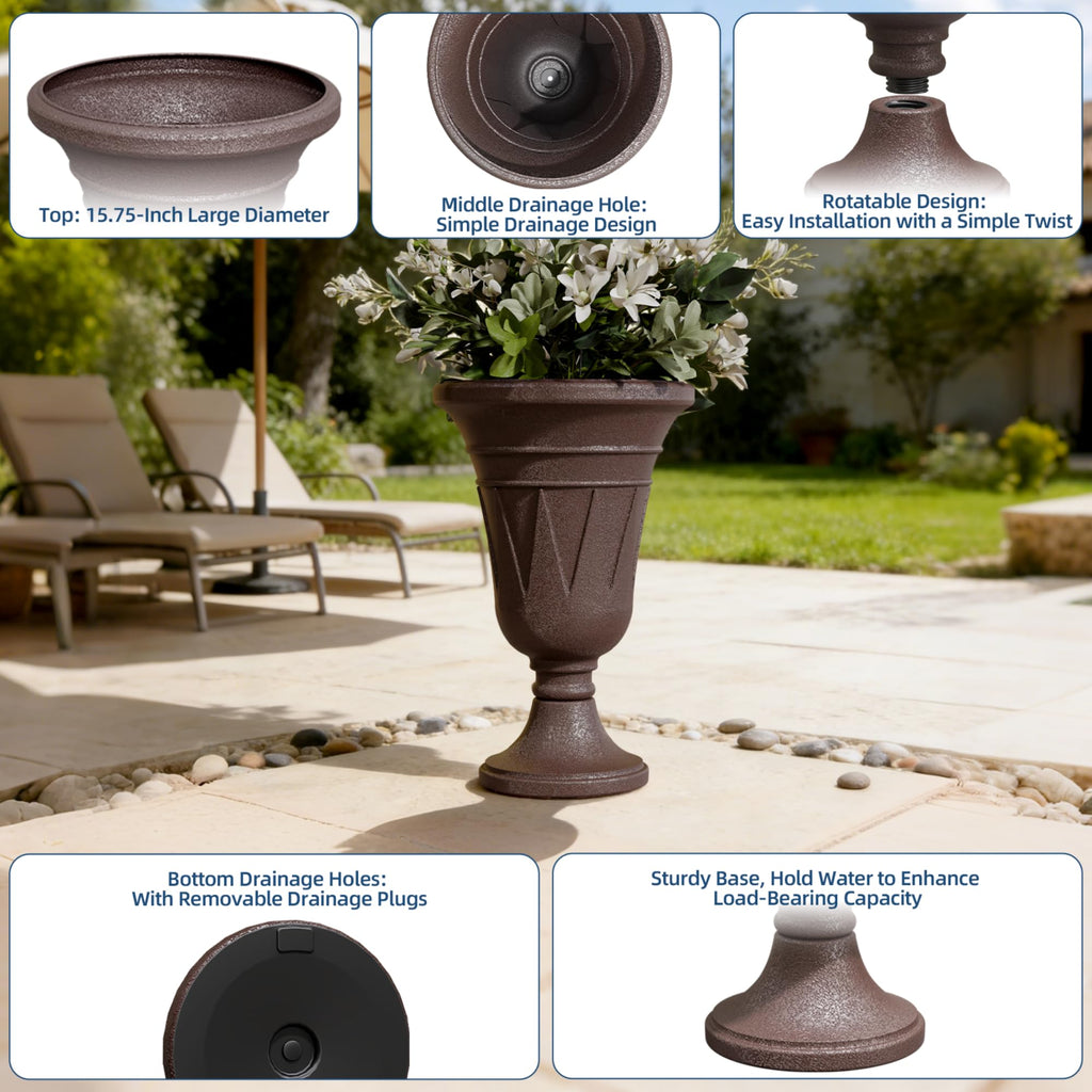 24" Outdoor Urns Planters Large Set of 2, Tall Urn Planters Brown