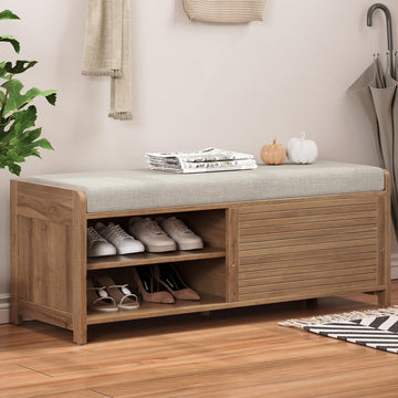 Shoe Storage Bench with Cushion, 2-Tier Entryway Bench with Sliding Shutter Doors, Farmhouse Style, 43.3" W x 15.4"