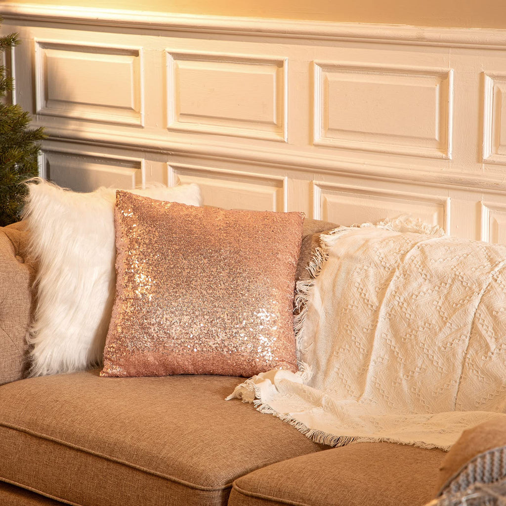 4 Pcs Sequin Fluffy Pillow, Rose Gold, White, 18 x 18 Inch