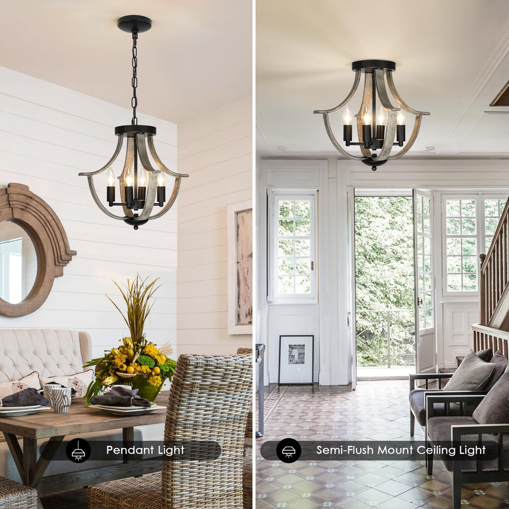 Farmhouse Hanging Pendant Lighting, 4-Light Rustic Flush Mount Ceiling Light Fixture, Modern Faux Wood Vintage
