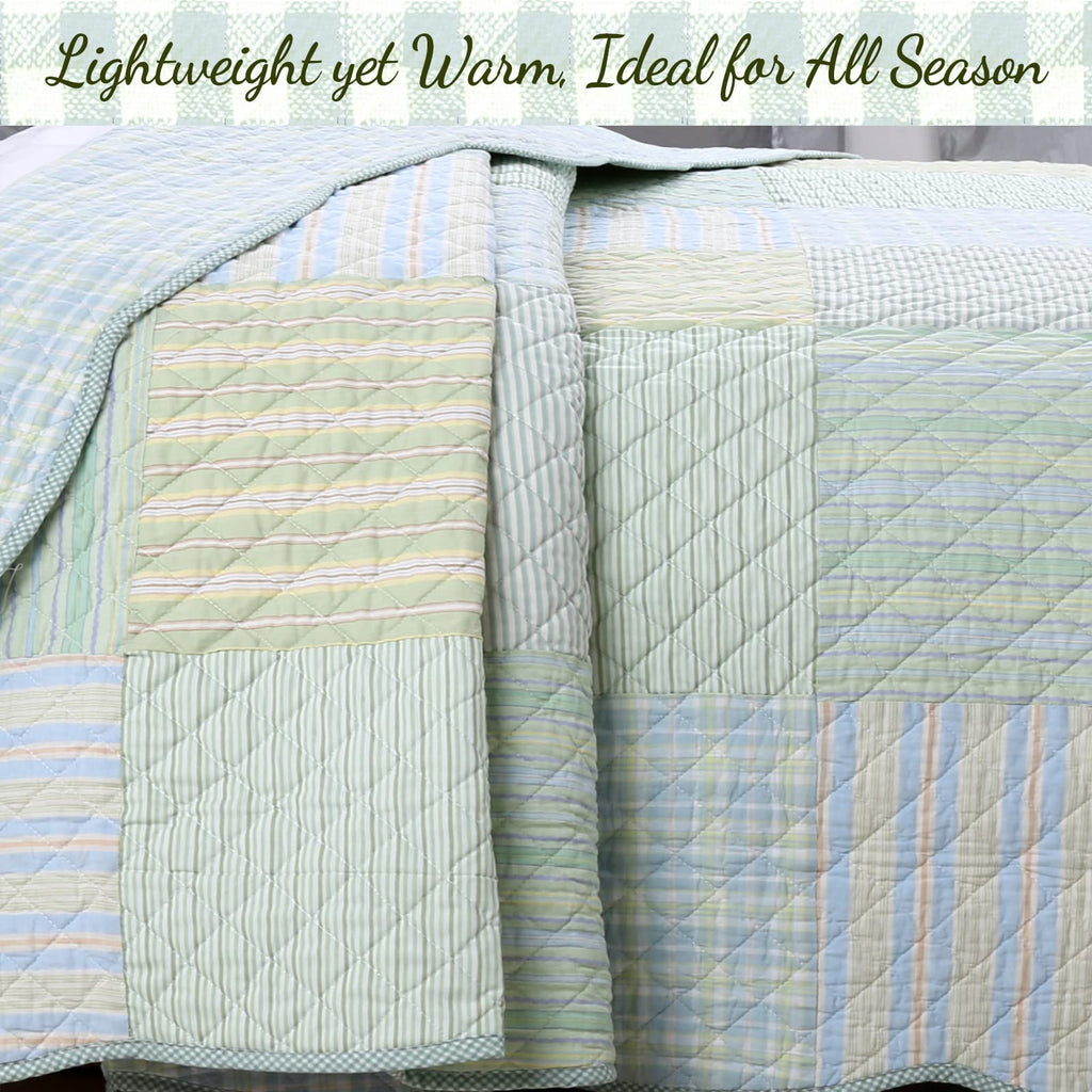 100% Cotton Reversible Quilt Bedding Set, Green Modern Plaid Striped Gingham All-Season Coverlet Bedspread (Juniper