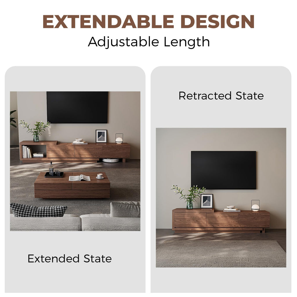 Extendable TV Stand for 65-100 Inches TVs - Walnut Entertainment Console with 3 Drawers & 1 Storage Compartment