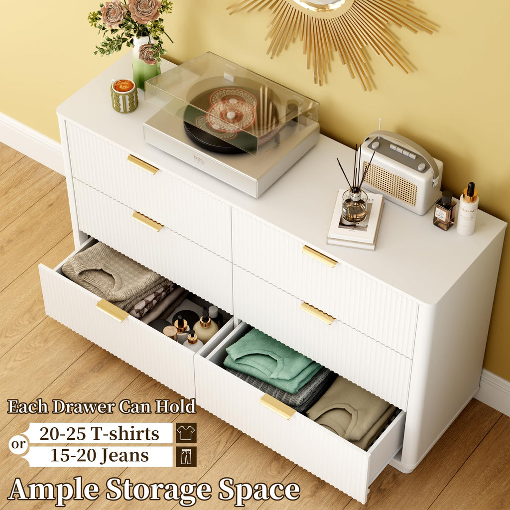 Fluted Dresser with 6 Drawers, 54" Wide Modern Chest of Drawers with Lighting, Wooden Dresser TV Stand with Curved