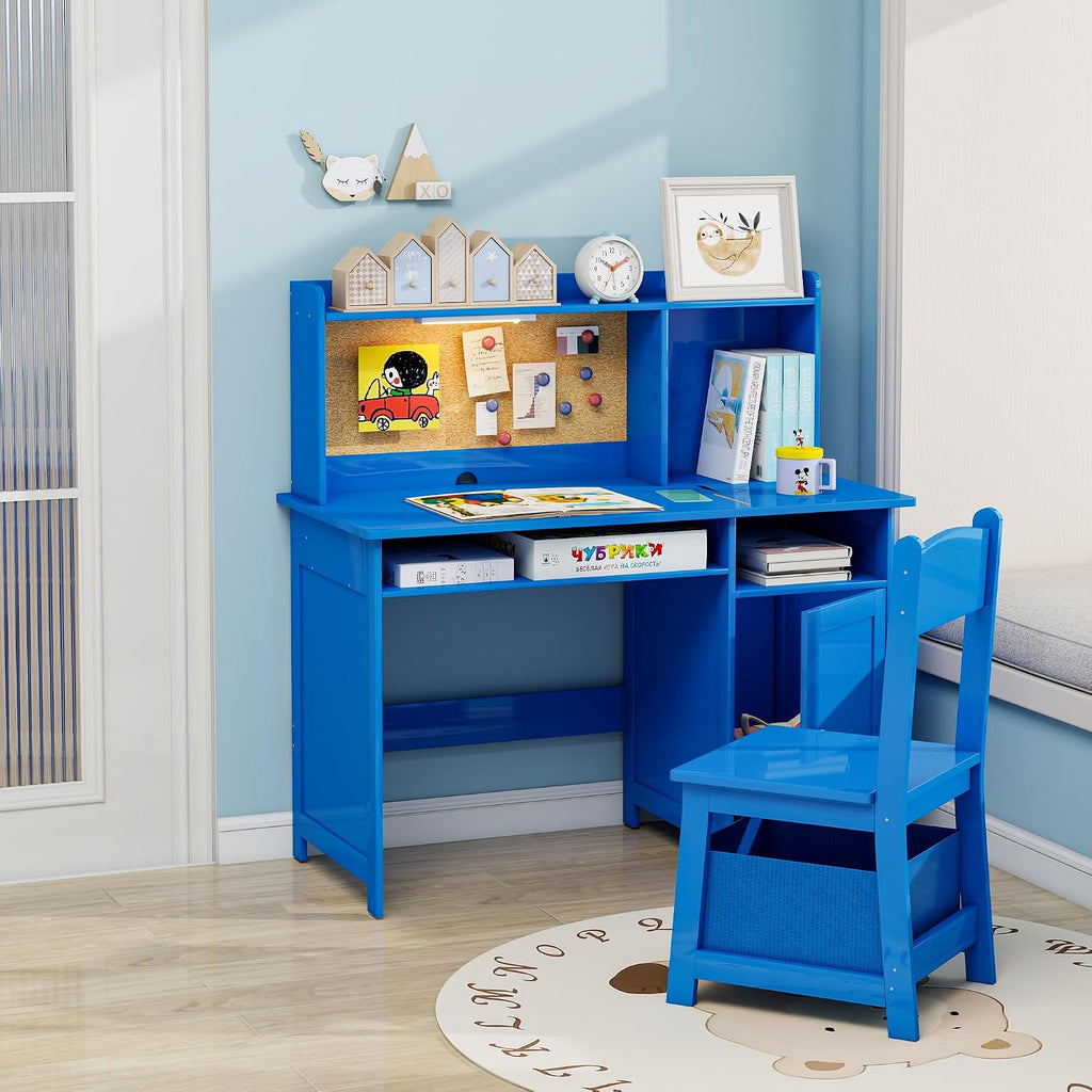 Wooden Kids Study Desk and Chair Set with Hutch and Storage Ages 3-10, Blue