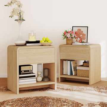 Nightstands Set of 2 with Storage Drawer & Shelves, Oak