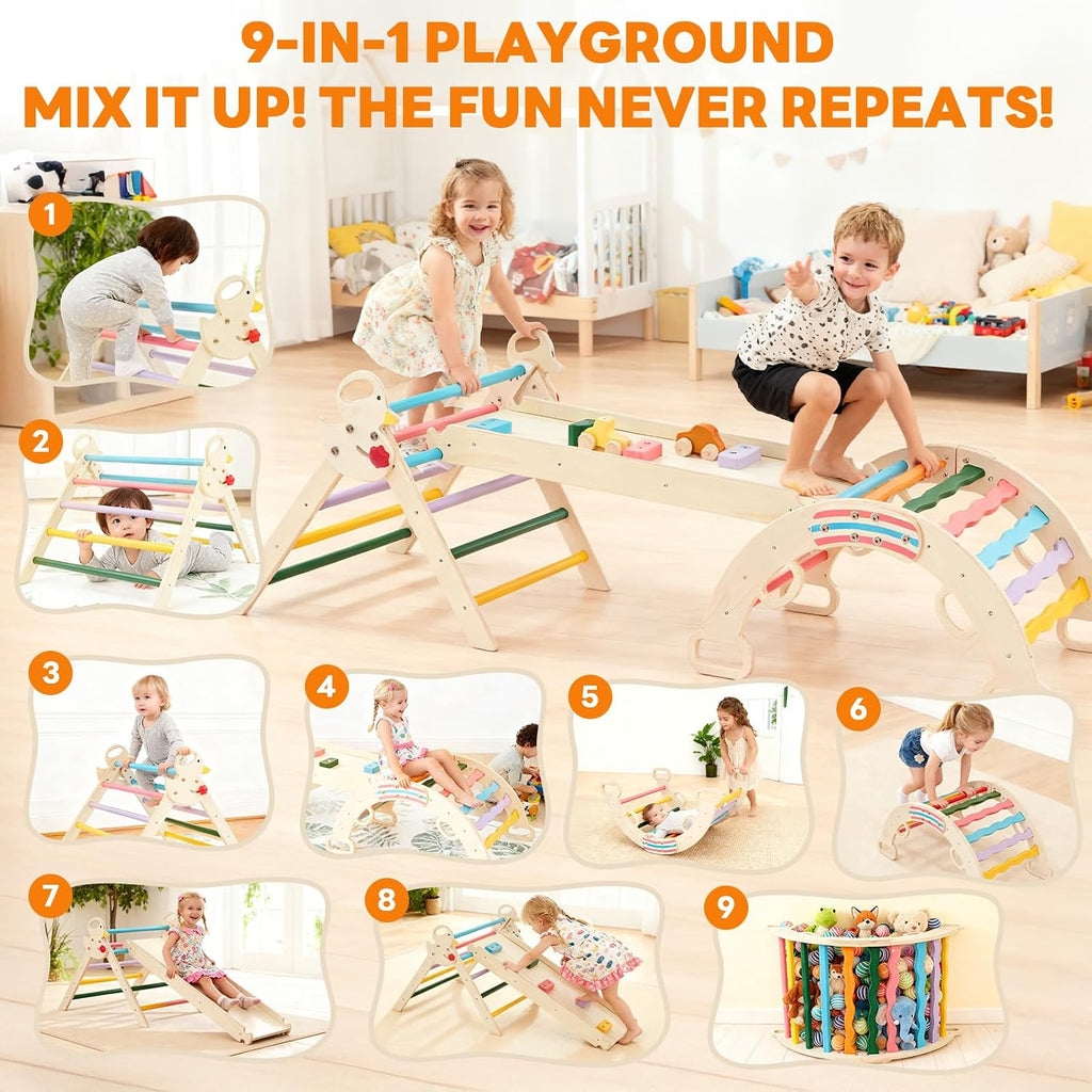 Triangle Set, Toddler Climbing Toys and Play Structure Indoor, in-1 Wooden Montessori Climbing Set with Arch, Ramp