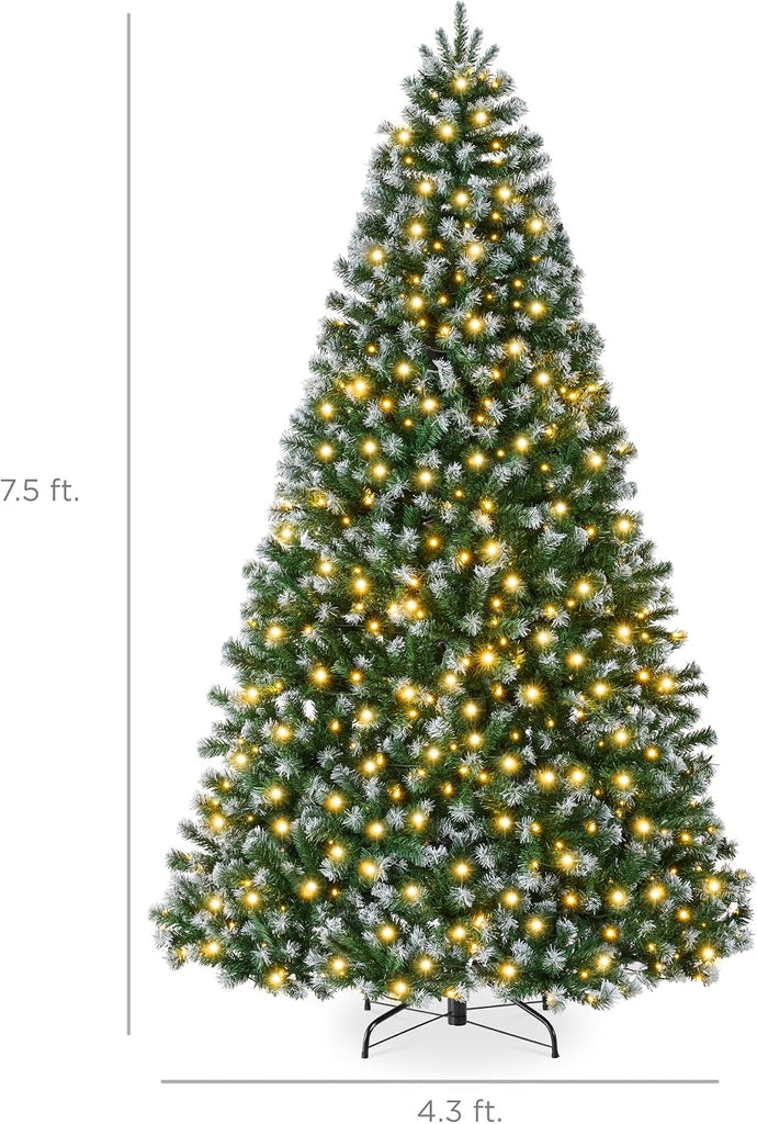 Artificial Frosted Christmas Tree, Premium Pre-Lit Realistic Spruce Holiday Décor w/Dense Branches, Metal Base