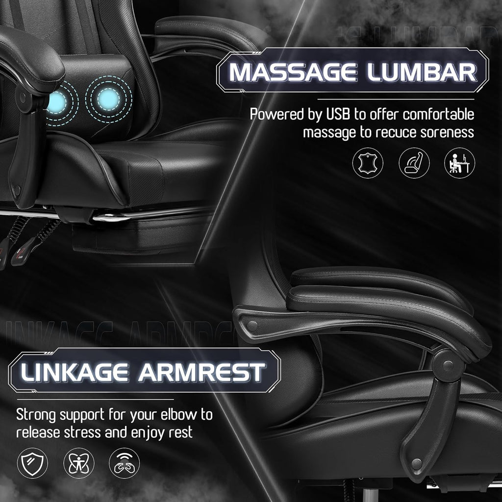 Gaming Chair, Video Game Chair with Footrest and Massage Lumbar Support, Ergonomic Computer Chair Height Adjustable