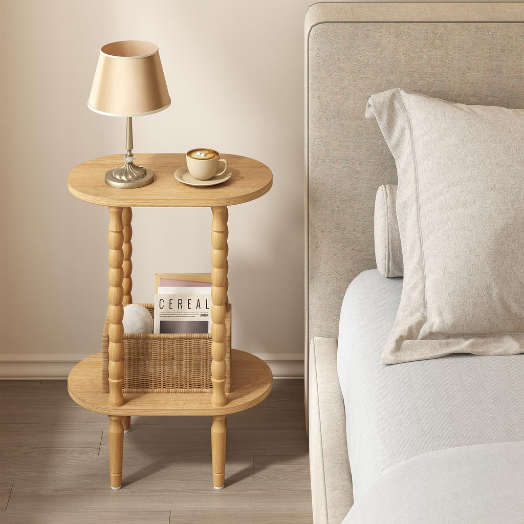 Narrow Side Table with Solid Wood Legs, Oval End Table Set of 2