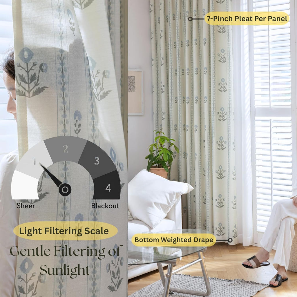 Linen Blend Pinch Pleated Curtains 96 Inches Long , Light Filtering Curtains 2 Panels Set, Modern Floral Printed