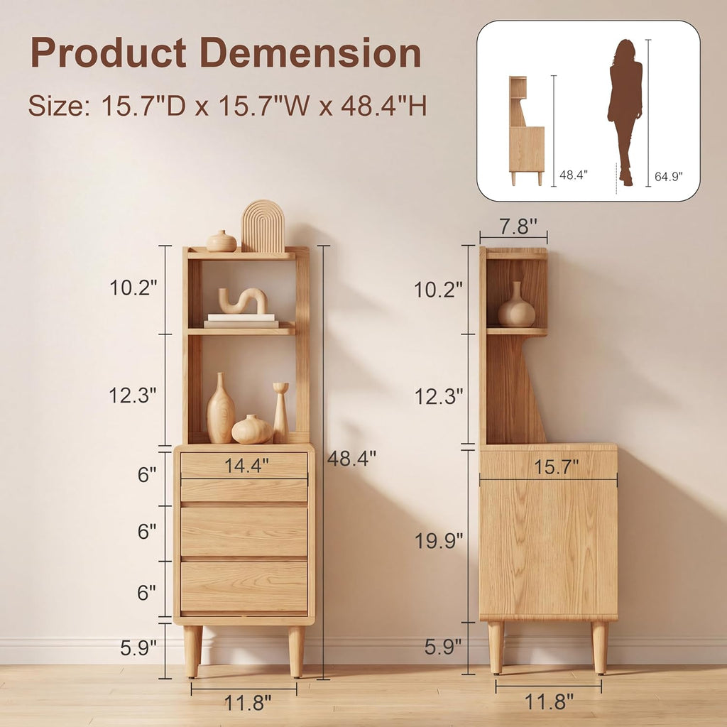 Solid Wood Bookshelf Nightstand Combo, Tall Nightstand with Bookshelf | Oak Nightstand Bookshelf,Narrow Nightstand