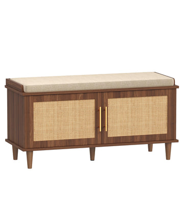 39.4" Rattan Shoe Storage Bench 2 Doors Entryway Bench Walnut