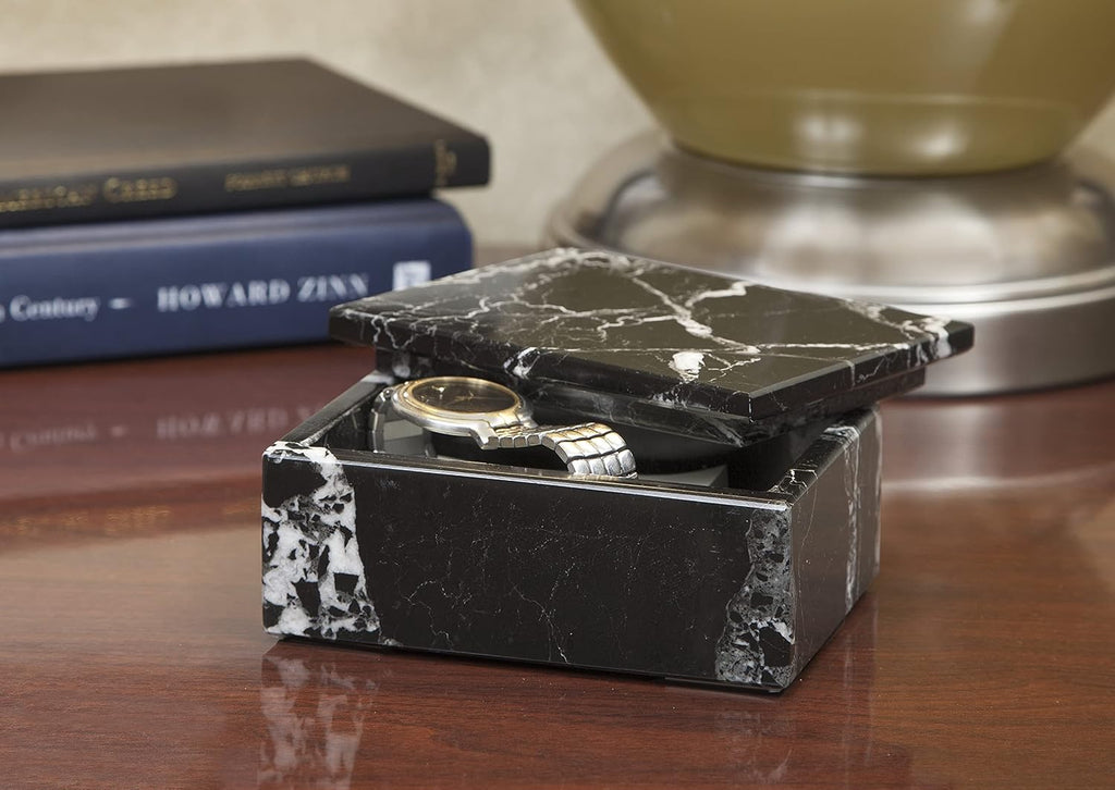 Rectangular Marble Keepsake Box - Hand Carved, Polished Jewelry Box With Non-Slip Rubber Pads - Lightweight & Compact