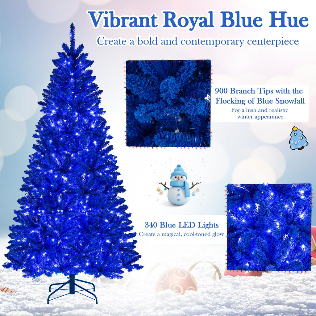7 FT Pre-Lit Royal Blue Snow Flocked Christmas Tree, Artificial Hinged Xmas Tree with 340 LED Lights, 900 Branch