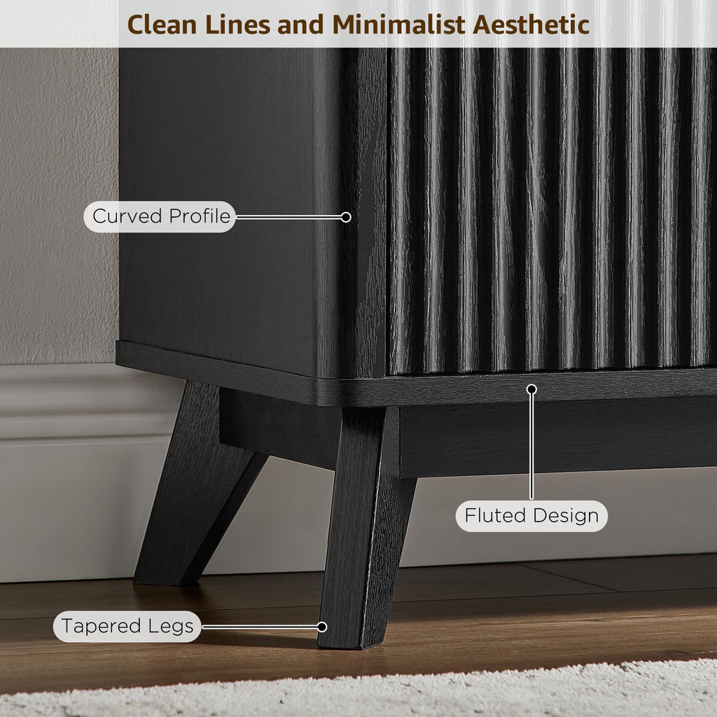70" Mid-Century Modern Fluted TV Stand, 2 Soft-Close Doors, Black Oak