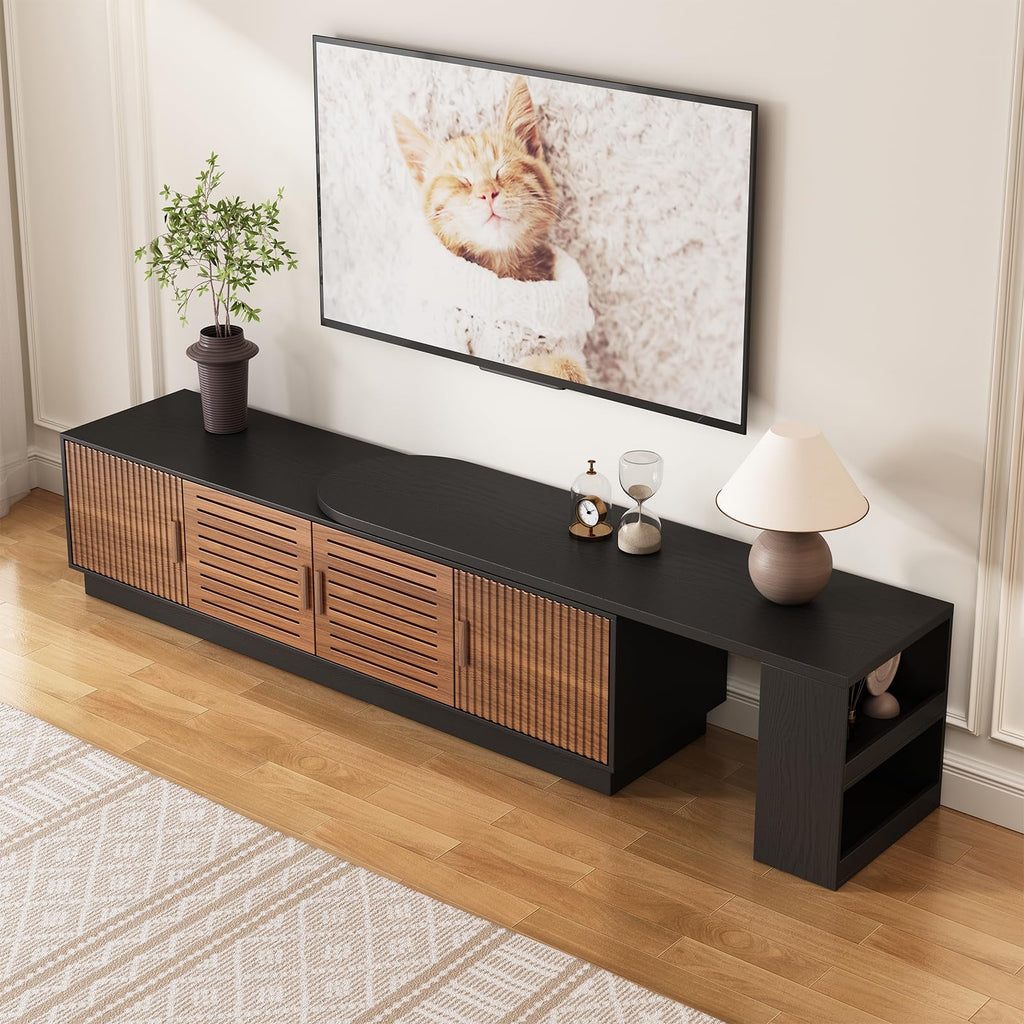 70.1"-100" Mid Century Modern TV Stand for 85" 90" 100" TVs, Extendable TV Stand with 4 Storage Cabinets, Adjustable