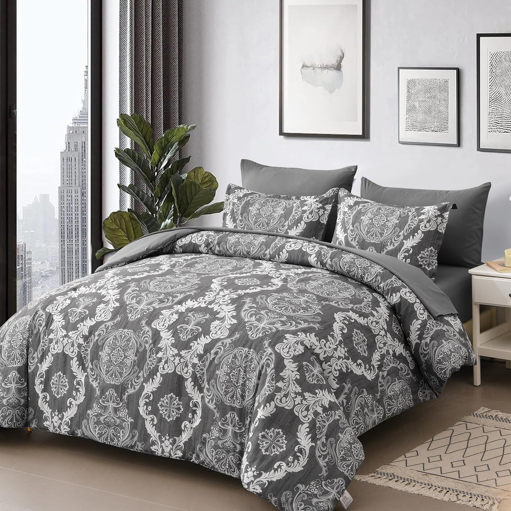 Dark Grey Comforter Set King Size, Damask Texture 7 Pieces Bed in a Bag Microfiber Comforter Bedding Sets -1