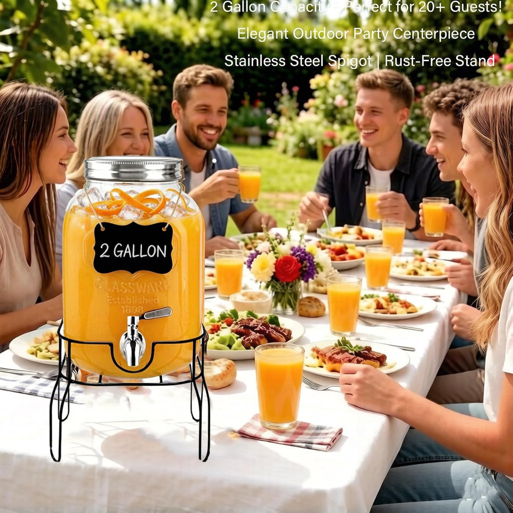 2 Gallon Glass Beverage/Drink Dispenser with Stand, Lid & Ice Core | Leakproof 18/8 Stainless Steel Spigot | Mason