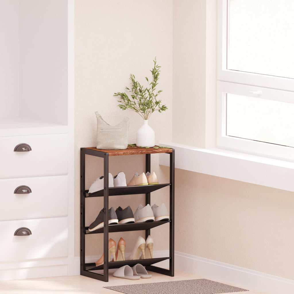 Narrow 4-Tier Shoe Rack, Slim Space-Saving Shelf with Decorative Wood Top & Steel Mesh, Entryway/Closet/Dorm