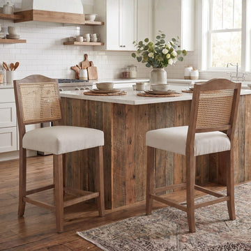 Rattan Counter Height Bar Stools Set of 2, 26 In Wicker Bar Chairs, Cream