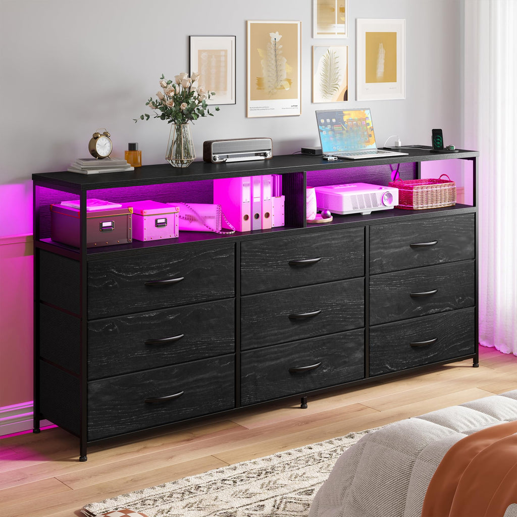 55" W Dresser with Charging Station & LED Light, Black