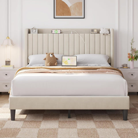 Queen Bed Frame with USB Charging Station and Storage Shelf/Upholstered Headboard Platform Bed with Wing Side/Wooden