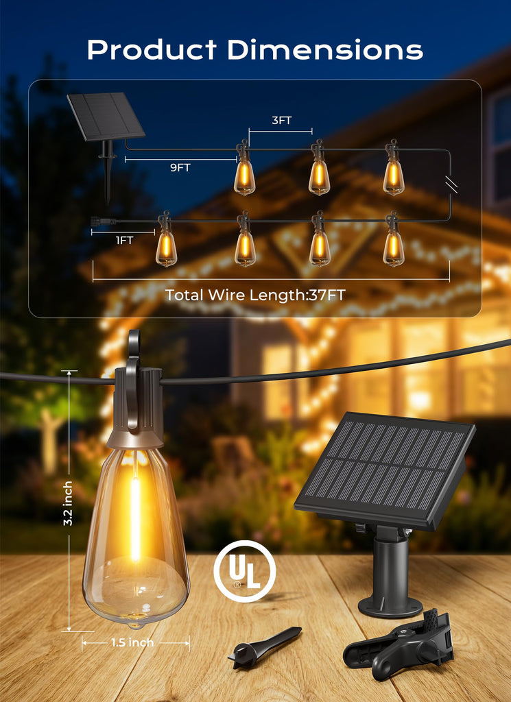 37FT Solar String Lights Outdoor, 10+1 Shatterproof LED Lights