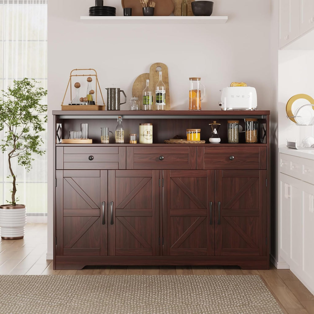 51" Dark Brown Buffet Sideboard Cabinet, Farmhouse Storage Cabinet Kitchen | Pantry with Shelf and Drawers, Wood
