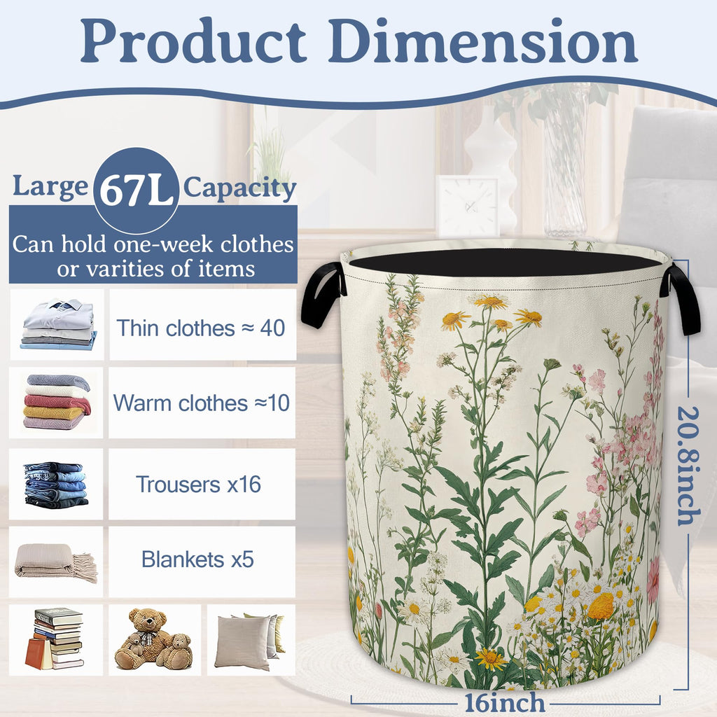 Wildflowers Laundry Hamper With Handle,Foldable Oxford Cloth Vintage Herb Flower Botanical Laundry Basket,20.8"x16"