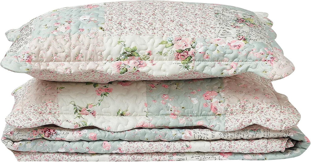 Rose and Sage Quilt Set, 3-Piece Bedding Sets, Traditional Patchwork Design, Washable and Reversible Bedspread, Soft