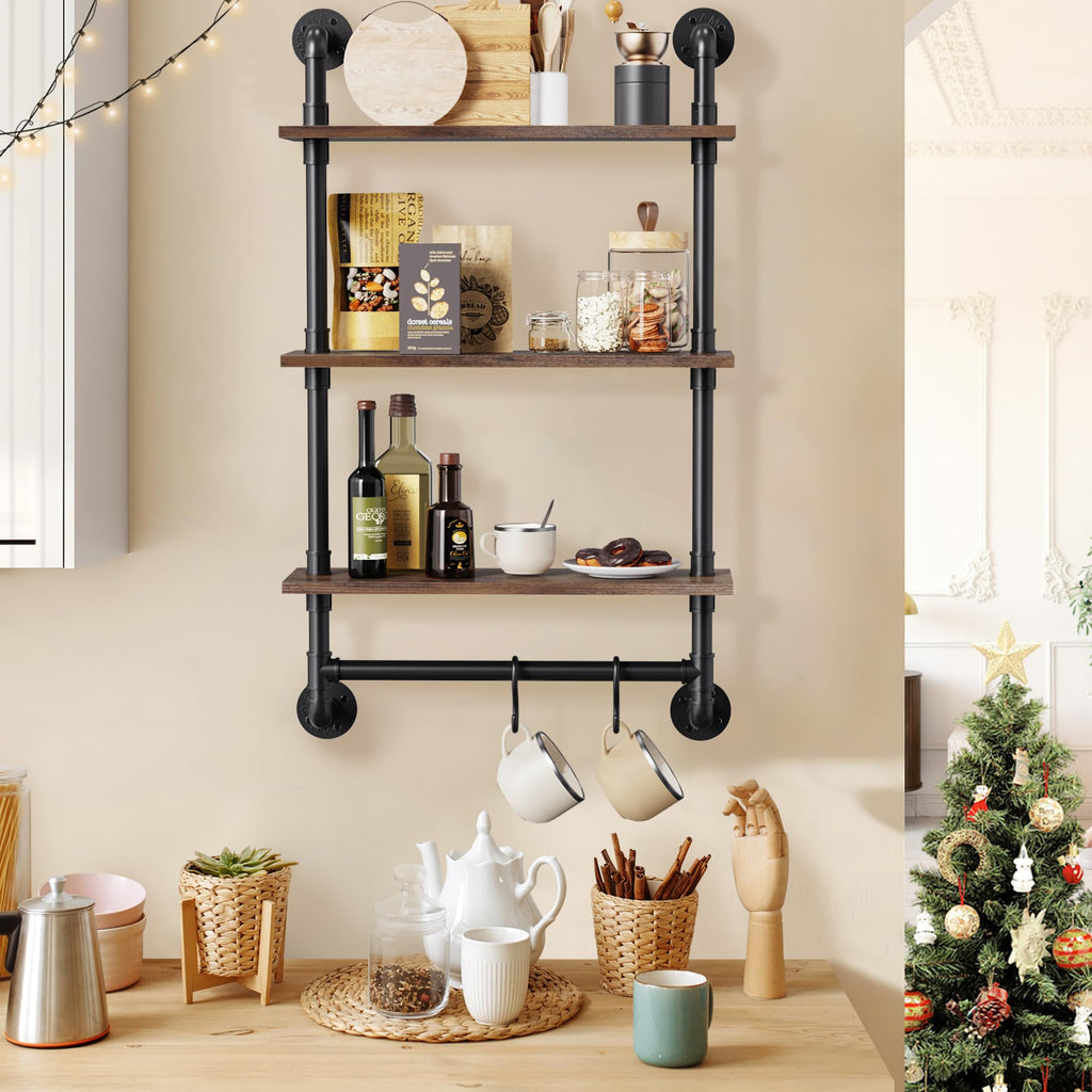 24" 3 Tier Industrial Floating Shelves with Tower Bar