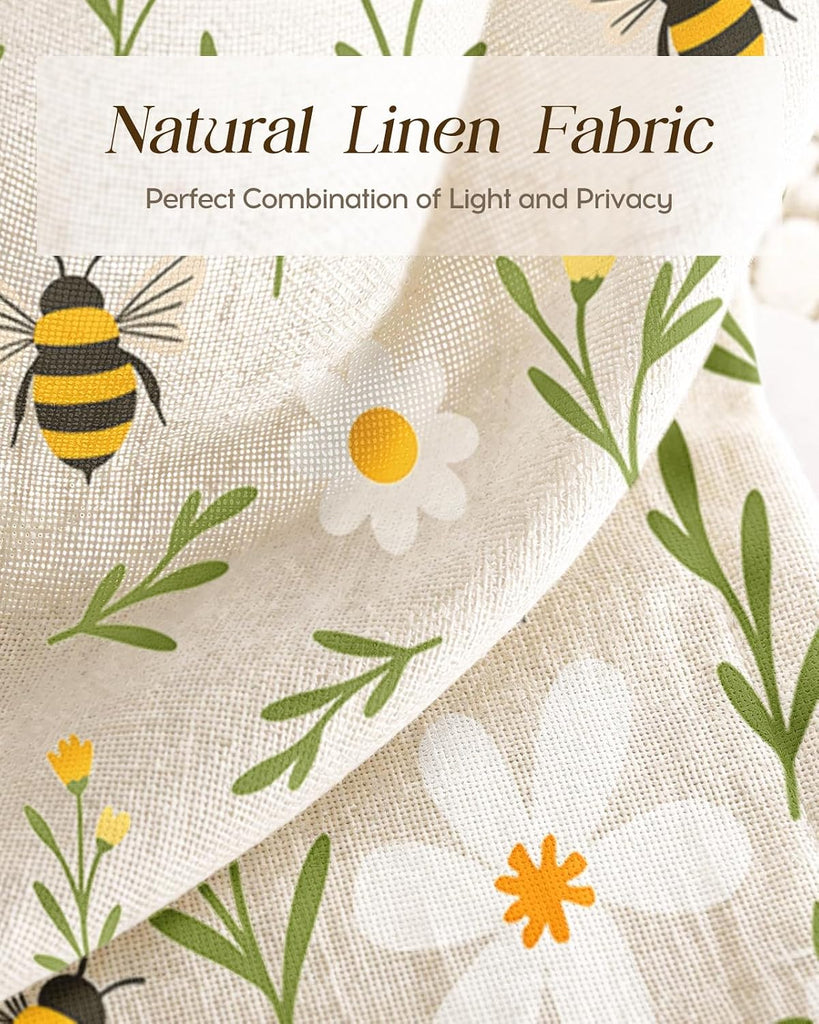 Bee Kitchen Tier Curtains - 45 Inch Length Linen Blend Country Cafe Curtains Farmhouse Small Window Treatments Over