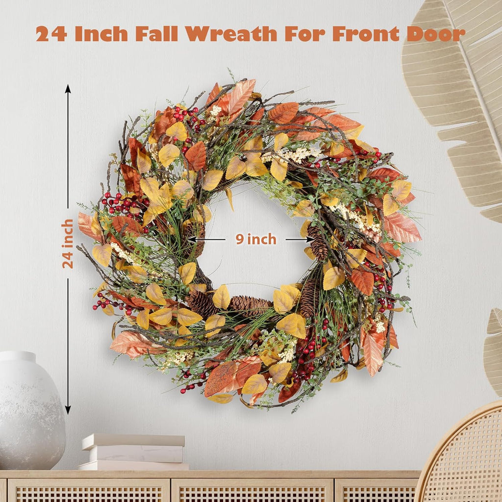 Fall Wreath for Front Door 24 inch Artificial Red Broad Leaves