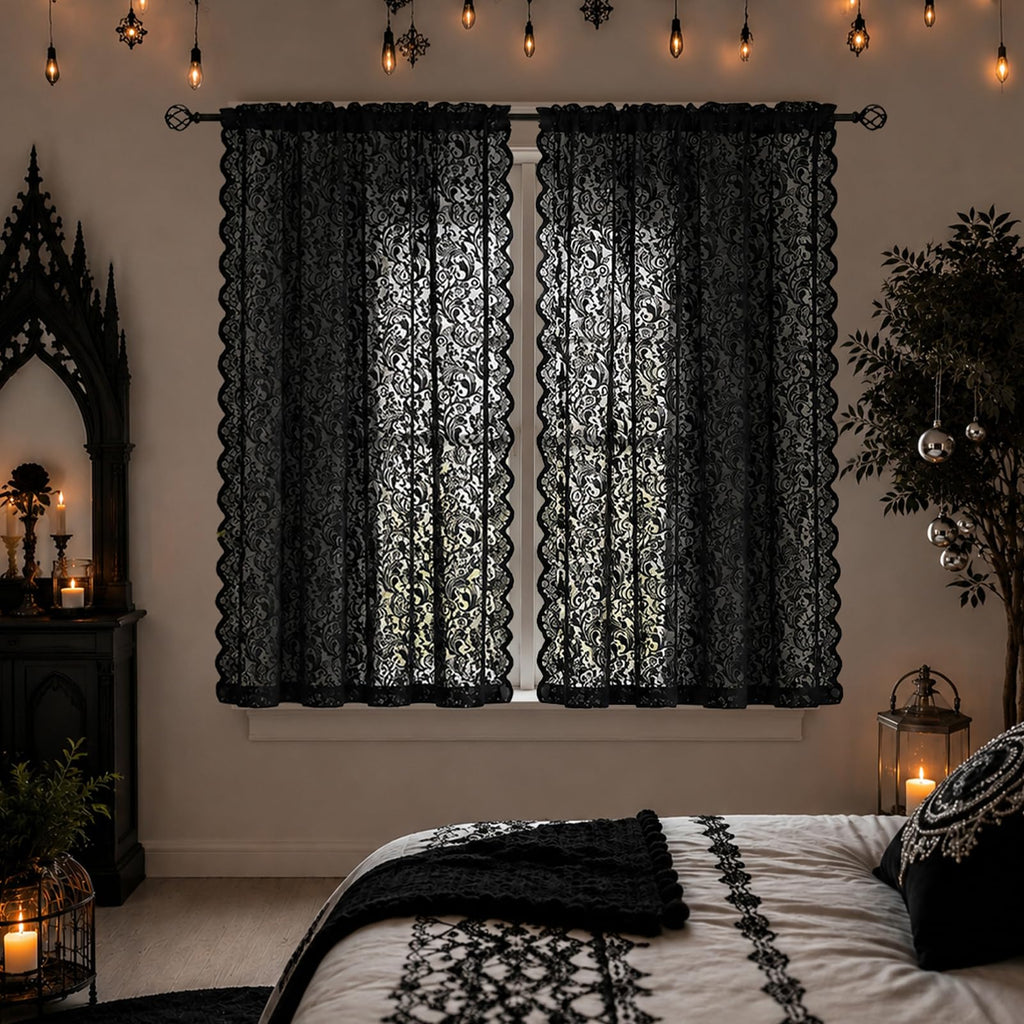 Black Lace Curtains, Gothic Style, 52W x 63L Inch
