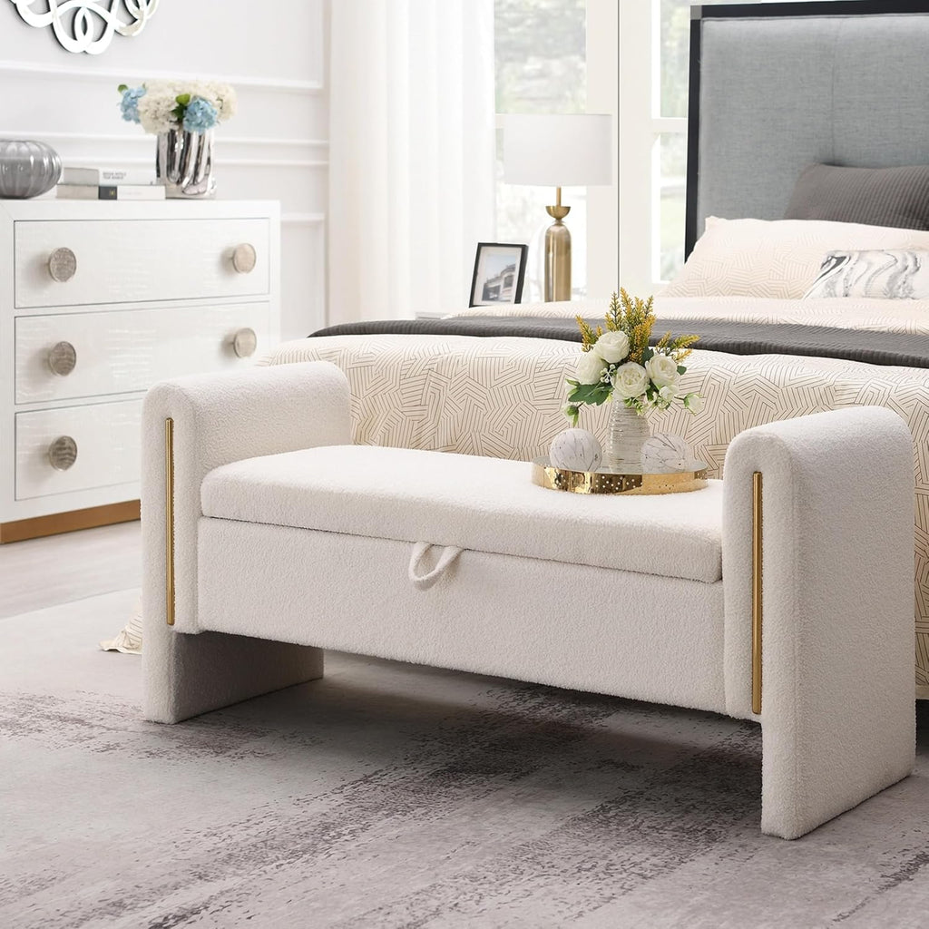 Upholstered Storage Ottoman, Teddy Fabric Bench with Solid Wood Legs, Comfortable Foot Rest Stool, Storage Bench End