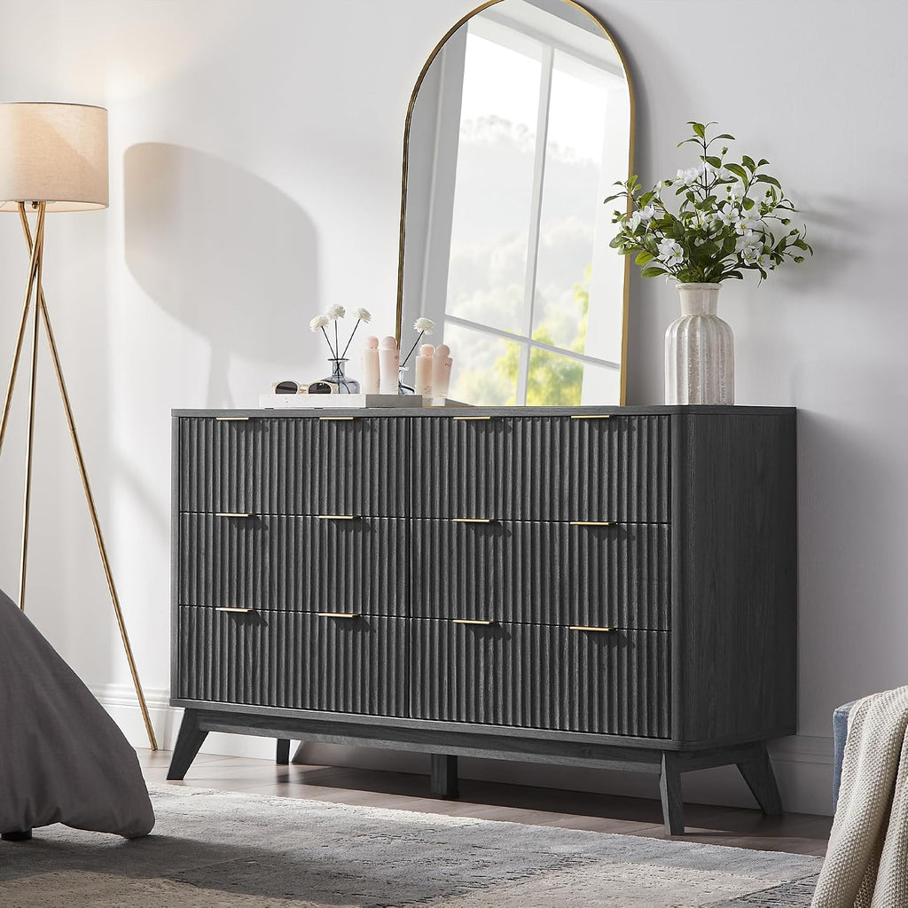 54" Wide Fluted 6 Drawer Dresser , Dark Walnut | Mid Century Modern, Curved Profile, Metal Handles, Anti-tip Kit