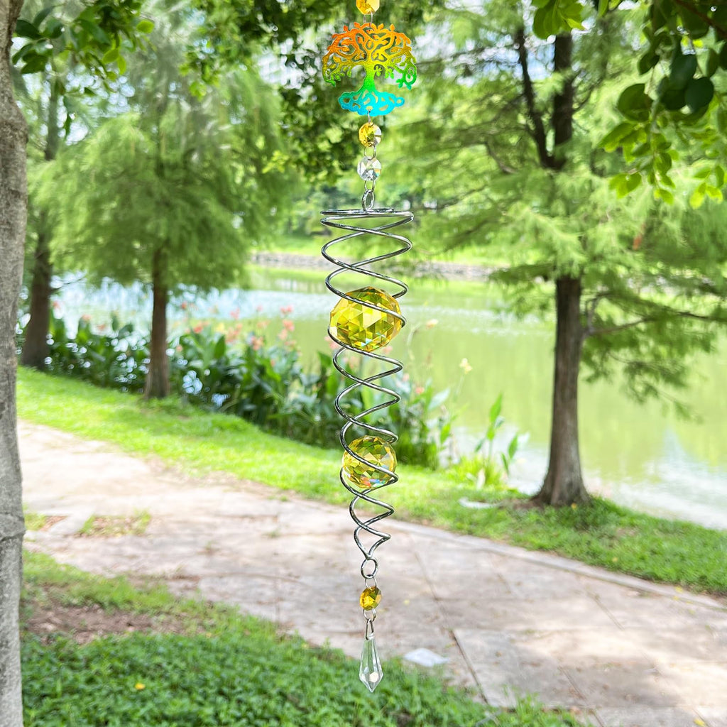 Tree of Life Gazing Ball Spiral Wind Spinner Silver Spiral W/Golden K9 Crystal Ball Tree Hanging Ornament Indoor