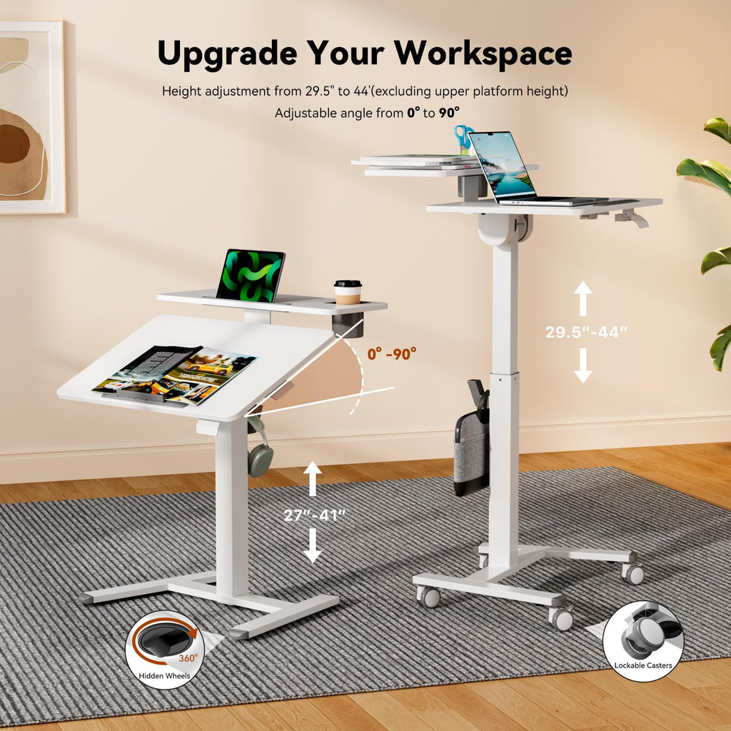 28" Mobile Standing Desk, Tiltable Top with 2-Tier Shelves, White