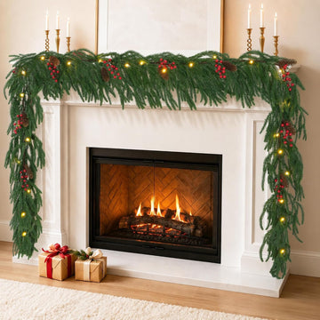 9ft Norfolk Pine Garland with LED Lights Red Berries Pine Cones