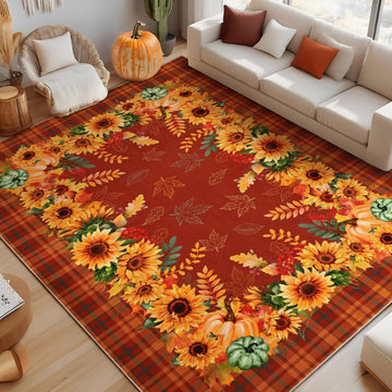 Fall Area Rug Sunflower Living Room Rug Pumpkin Plaid Washable Rugs Orange Bedroom Rugs Non Slip Soft Faux Wool