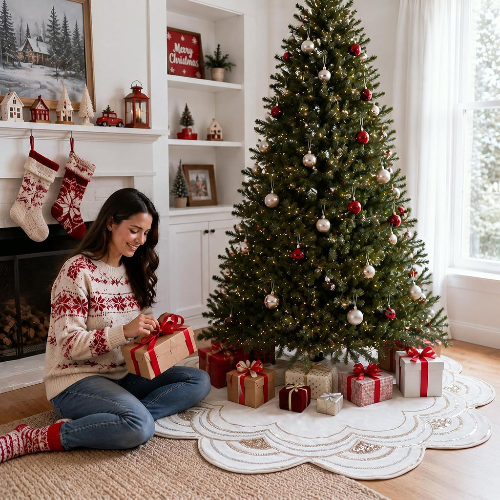 60" Beaded Christmas Tree Skirt Velvet Sequin Xmas Tree Mat,White