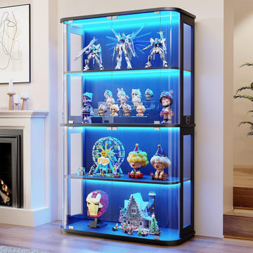 Large Rounded Display Cabinet with Glass Door & Lights, Black | 4-Tier Curio Cabinet with 3 Color Lights for
