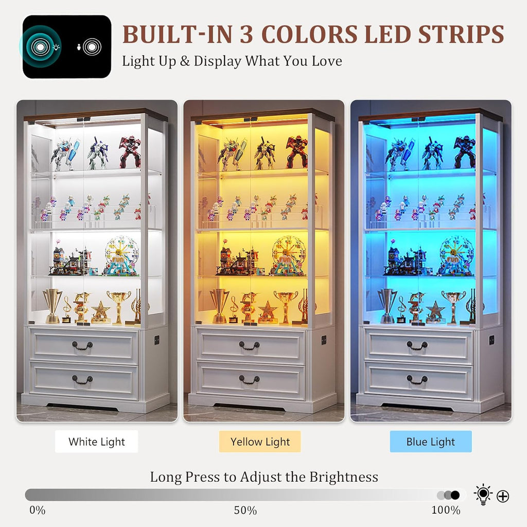 67" Tall Display Cabinet with Glass Doors and 2 Drawers, White | Curio Cabinet with LED Lights, Human Sensor, Display