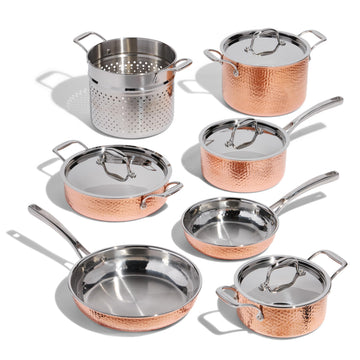 Martellata Tri-ply Hammered Copper 11 PC Pots and Pans Cookware Set, Copper