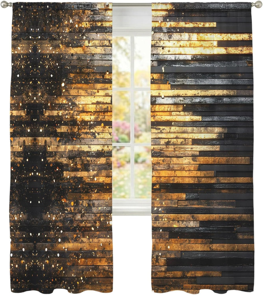 Sheer Curtains 96 Inches Long, Luxury Golden Black Light Filtering Window Curtains , Geometric Art Deco Modern Rod
