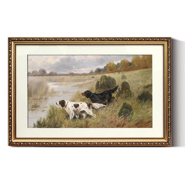 Vintage Gold Framed Large Wall Art, Retro River Dog Landscape Paintings, Canvas Prints Artwork with Antique Frame