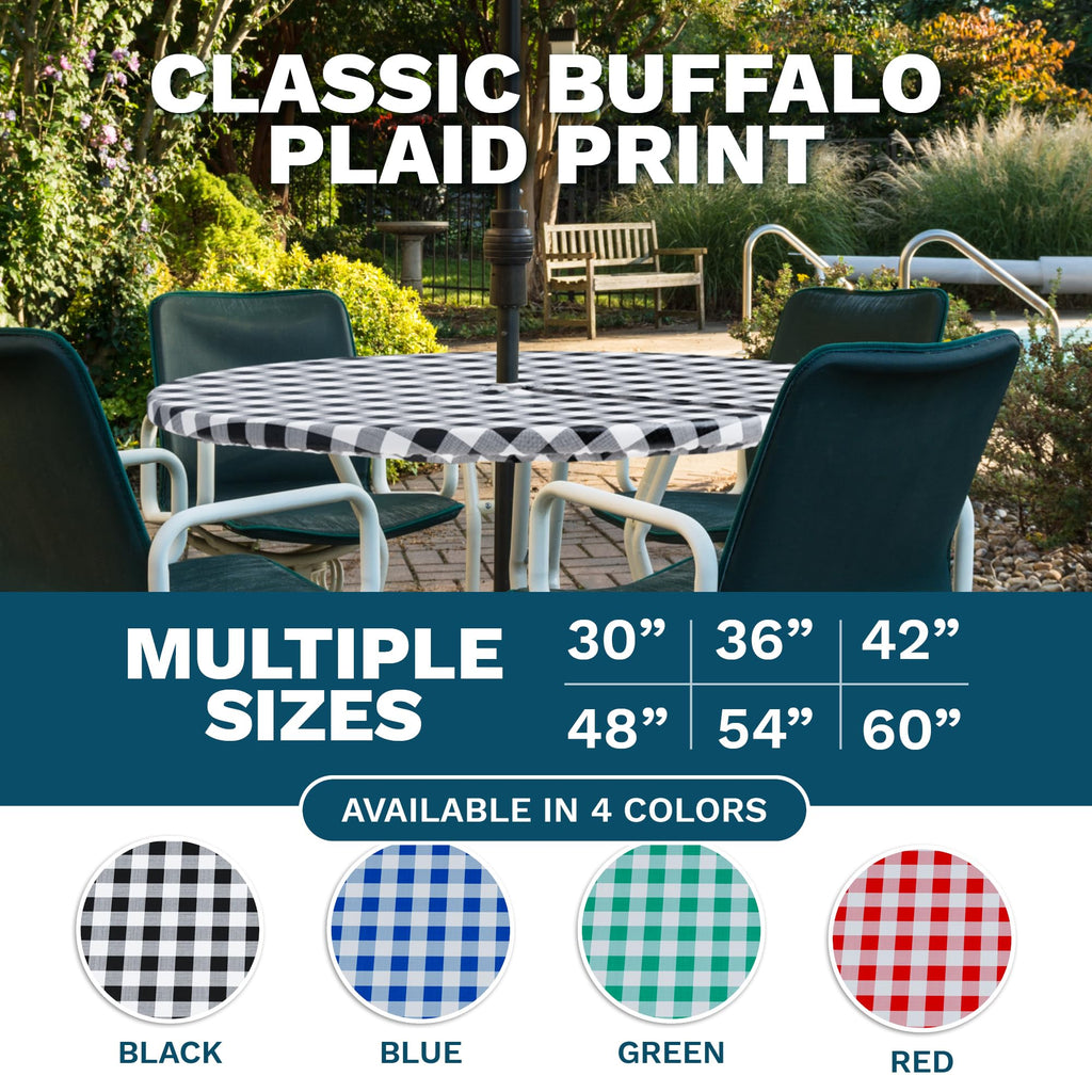 Vinyl Umbrella Round Fitted Tablecloth Cover, Checkered Design, Flannel Backed Lining 60 Inch, Green