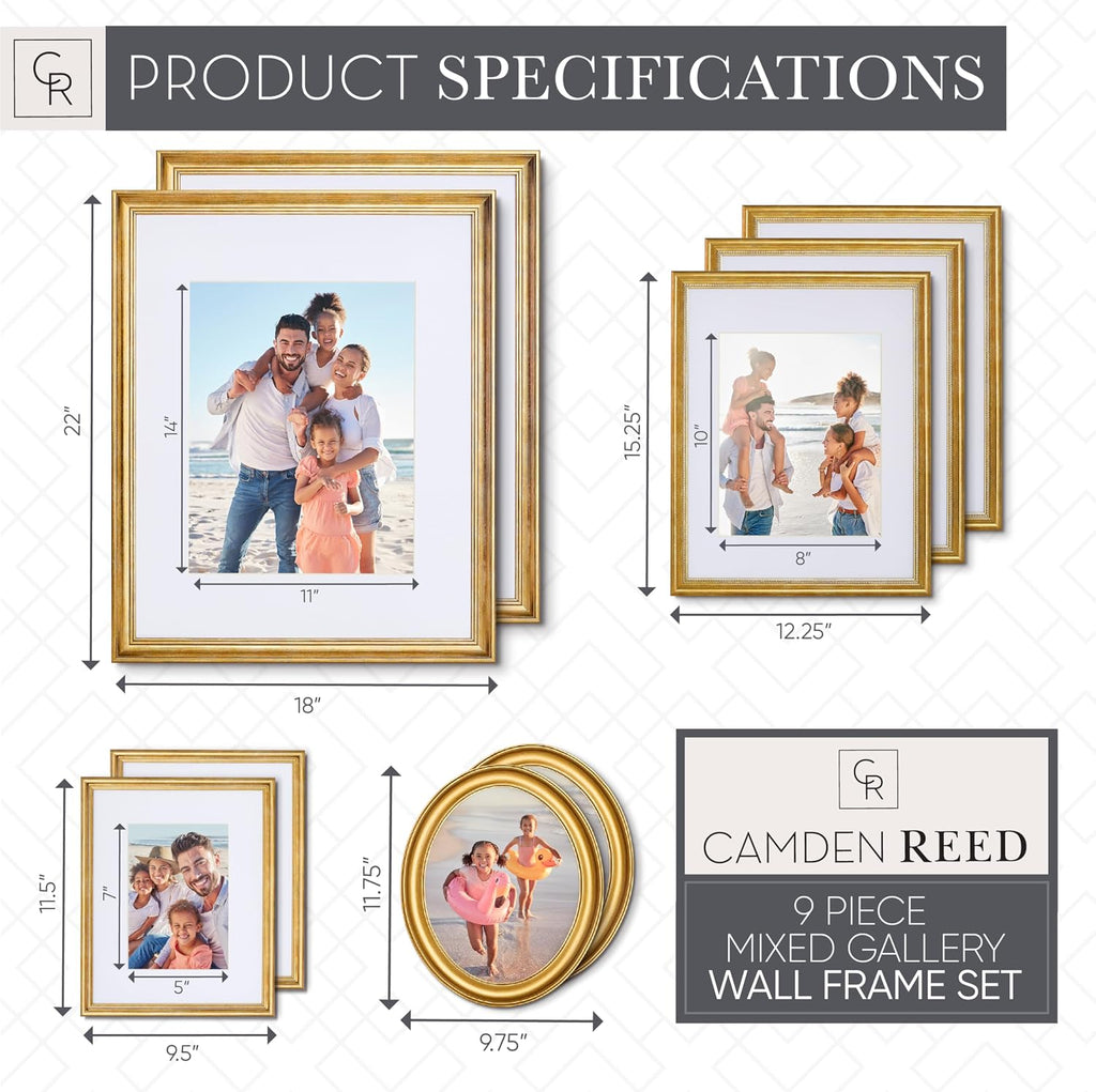 Mixed Gallery Wall Frame Set, (2) 16x20 Inch, (1) 11x14 Inch, and (2) 8x10 Inch, 9 Piece, Brass